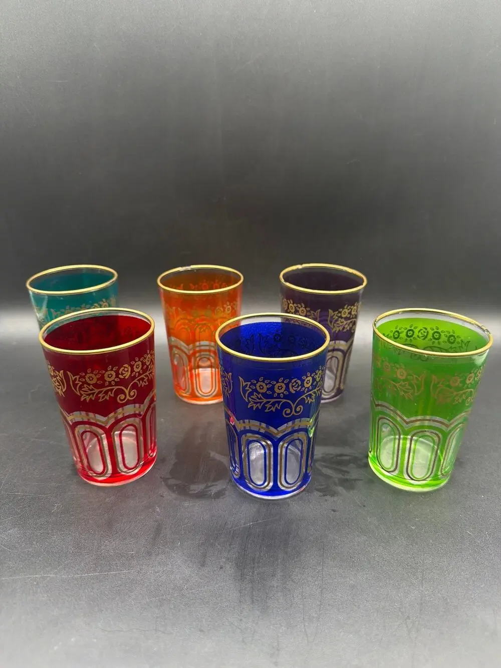 Vintage Moroccan Tea Glasses Set of 6 Jewel Tone Gold Filigree